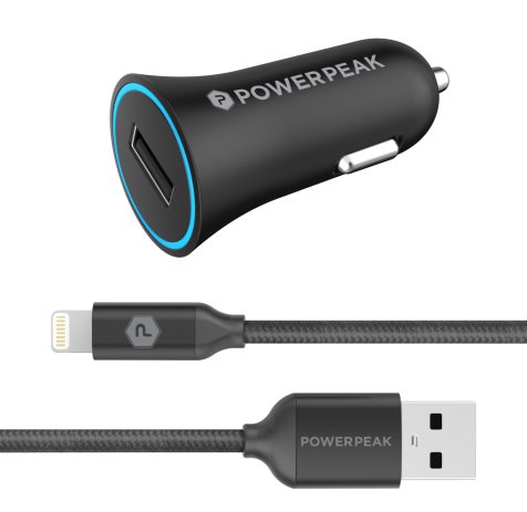 PowerPeak Rapid Car Charger with Braided Lightning Charge & Sync Cable - Black (2.4 Amps)