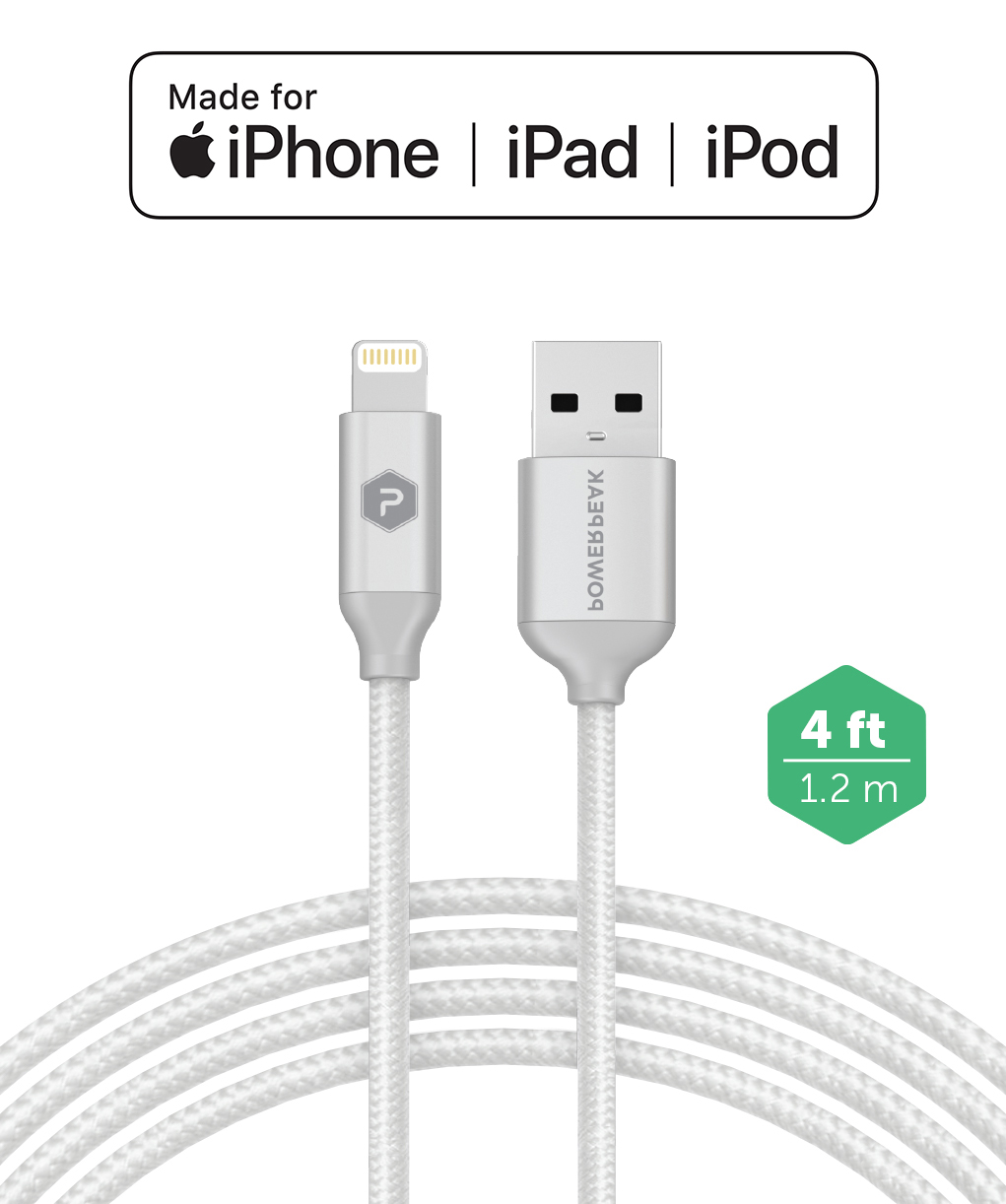 PowerPeak iPhone Dual Port Rapid Car Charger with Braided Lightning Charge & Sync Cable - WHITE (3.4 AMPS)