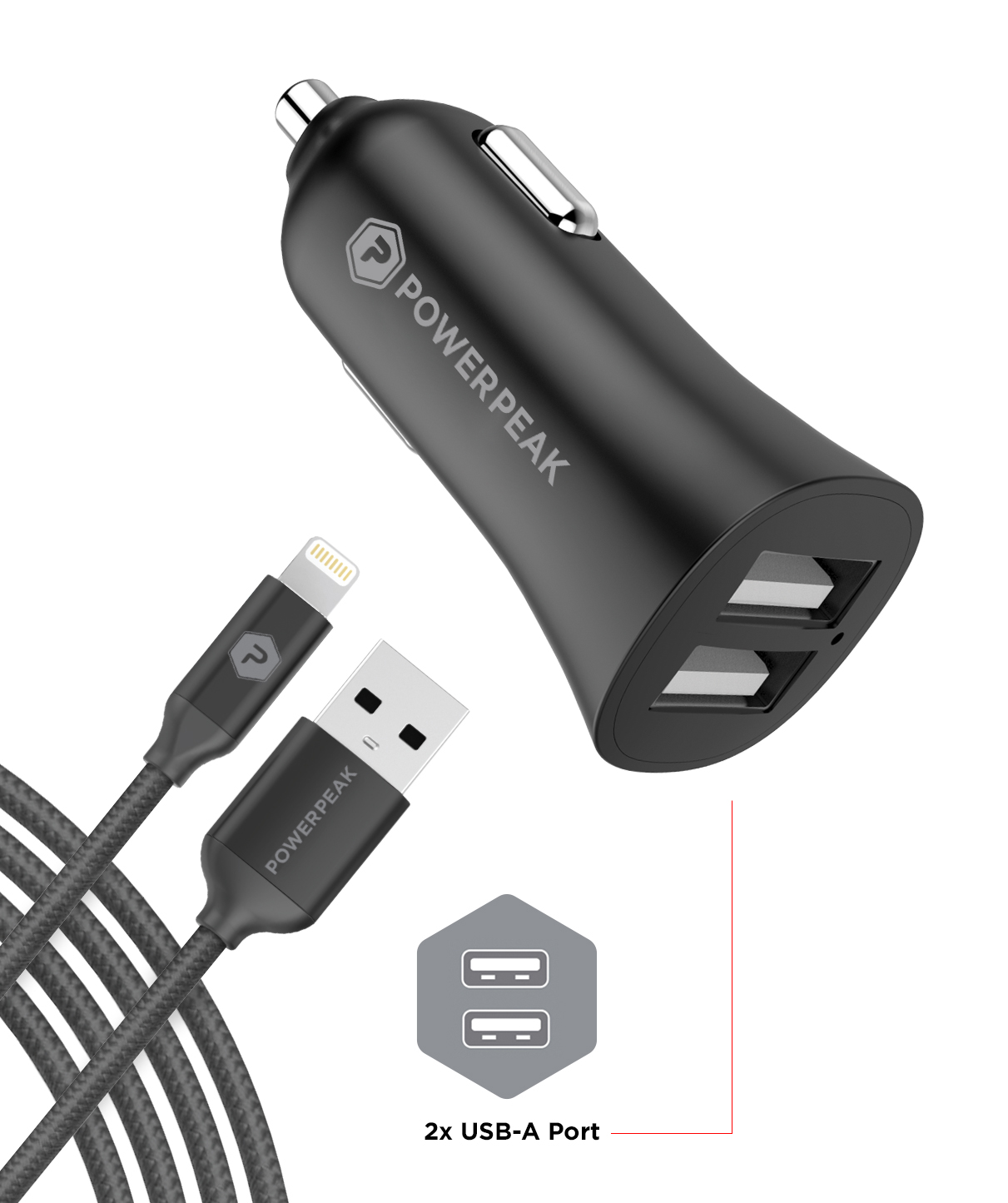 PowerPeak iPhone Dual Port Rapid Car Charger with Braided Lightning Charge & Sync Cable - BLACK (3.4 AMPS)