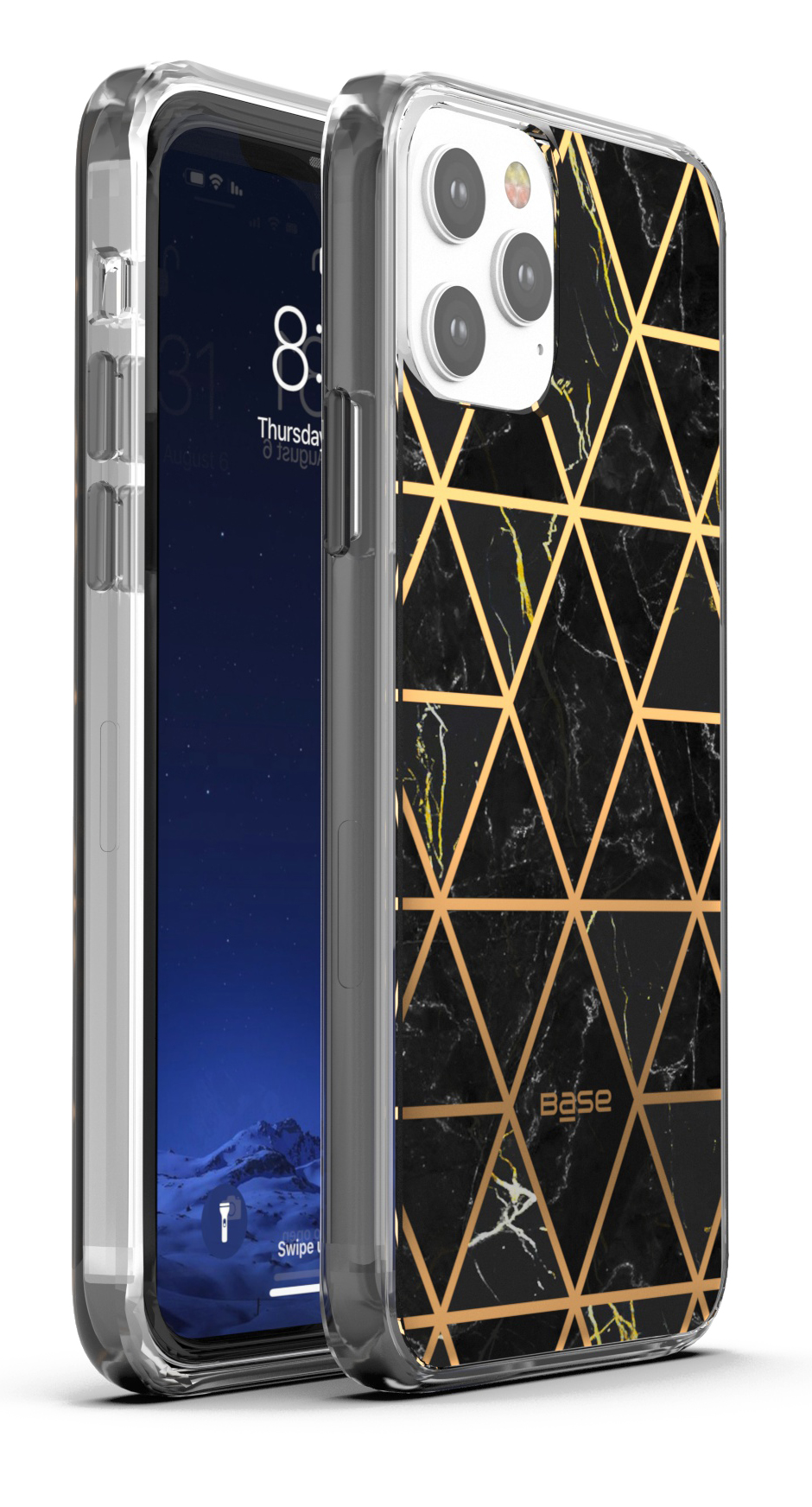 Marbled black protective case with gold geometric design for iPhone 13 cell phones