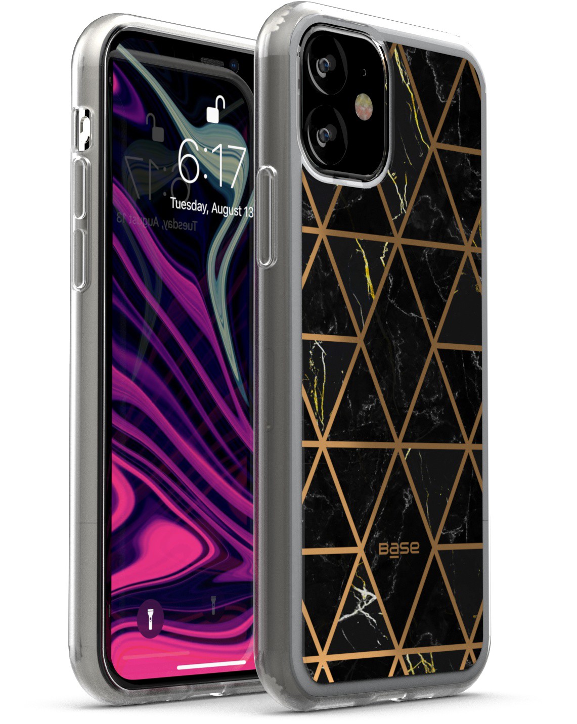 marbled black protective case with gold geometric design for iPhone 11 cell phones