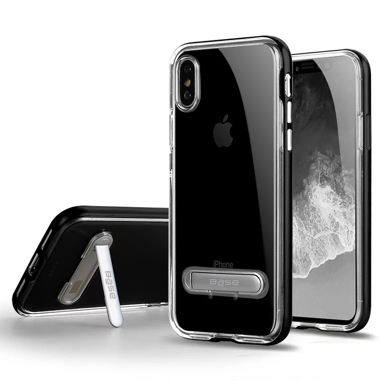 Clear slim case protective with black edges and metallic kickstand for iPhone X cell phones