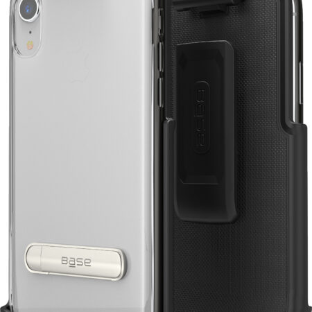 Two piece - black and clear with black edges case protector with rotating belt clip and metal kickstand for iPhone XR cell phones