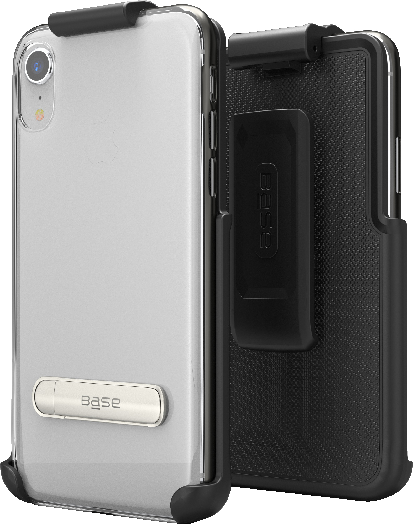 Two piece - black and clear with black edges case protector with rotating belt clip and metal kickstand for iPhone XR cell phones