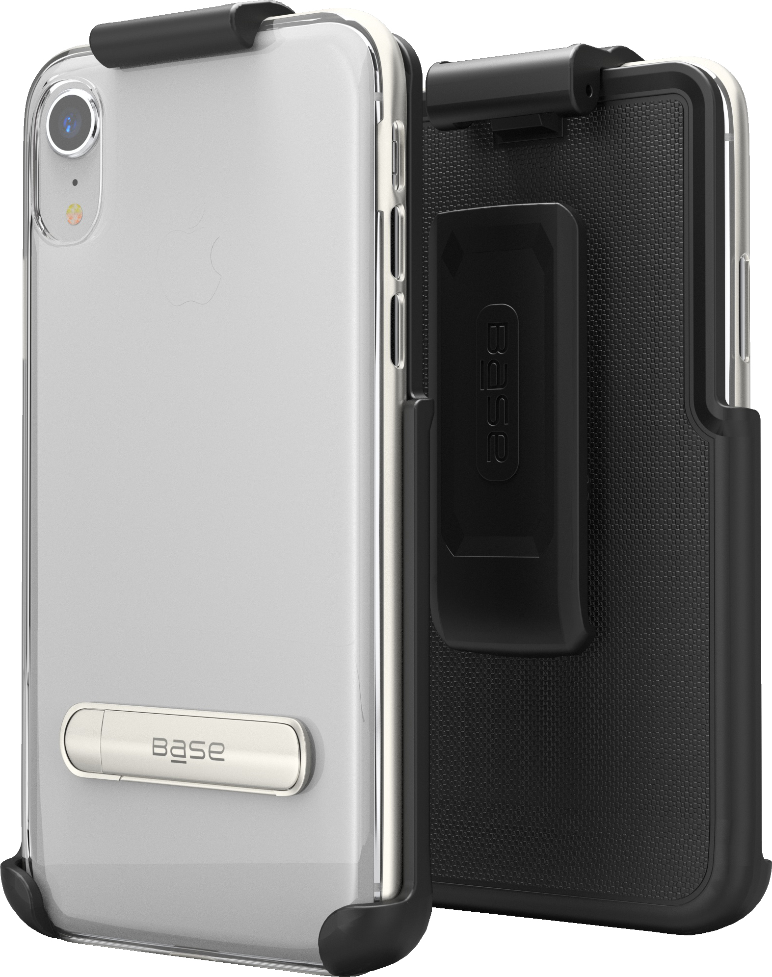 Two piece - black and clear with silver edges case protector with rotating belt clip and metal kickstand for iPhone XR cell phones