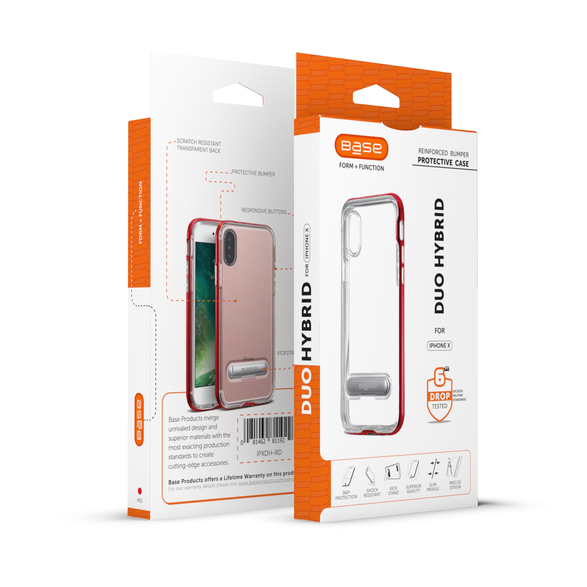 Base DuoHybrid Protective Case with Kickstand for iPhone X  - Clear/Red