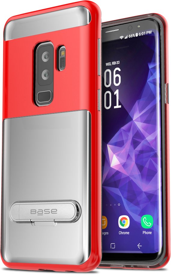 Base DuoHybrid - Reinforced  Protective Case w/ Kickstand for Galaxy S9 Plus - Clear/Red
