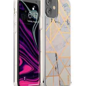 Marbled white protective case with gold geometric design for iPhone 11 cell phones