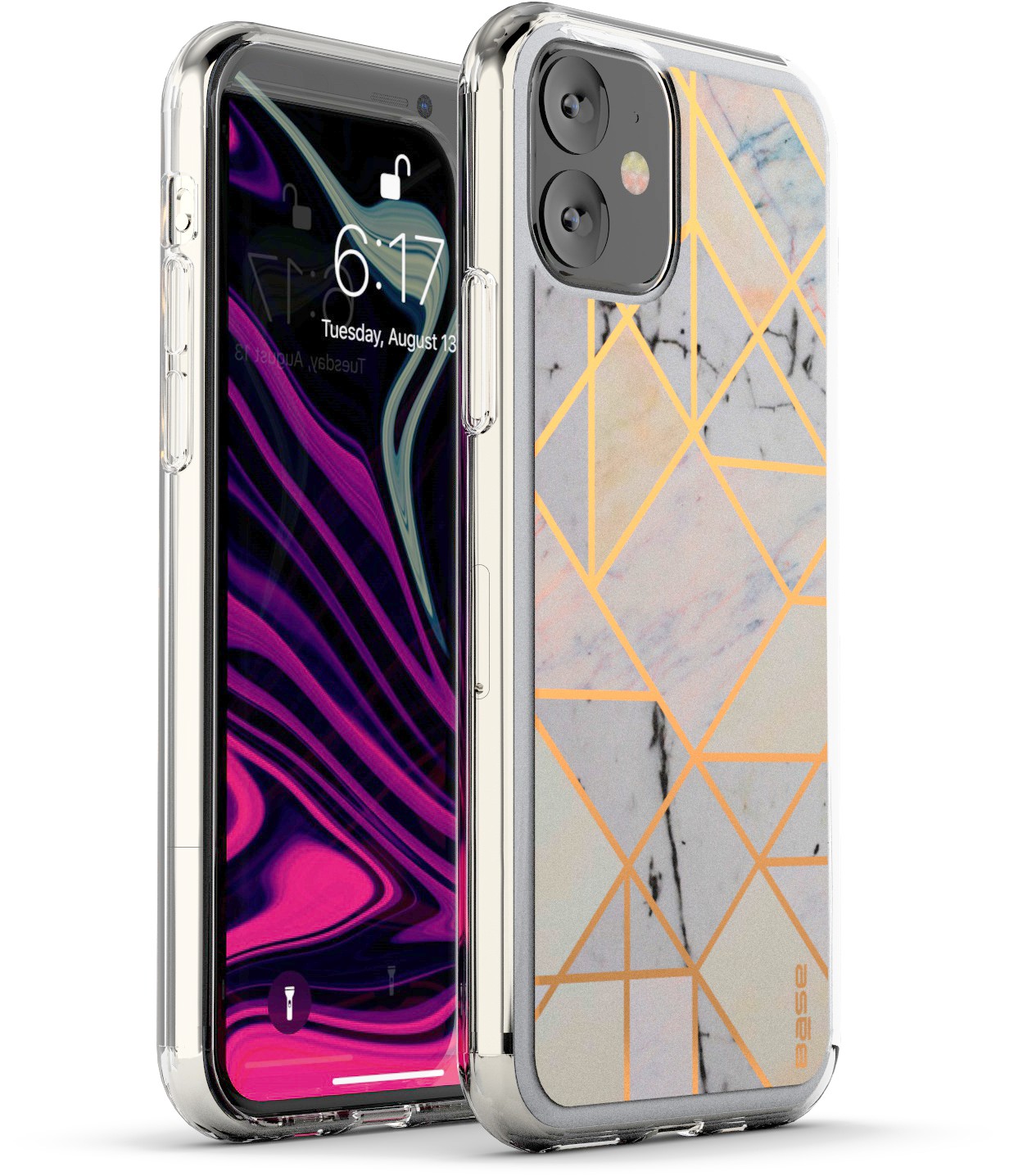 Marbled white protective case with gold geometric design for iPhone 11 cell phones