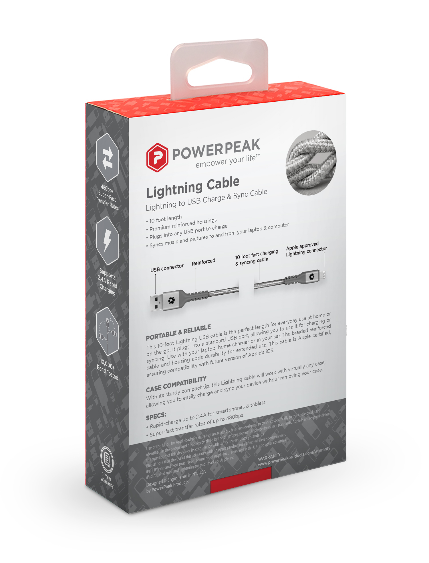 PowerPeak Extra-long Premium Braided Lightning Cable 10 FT. Metallic USB Charge & Sync Cable - Silver