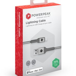 PowerPeak Extra-long Premium Braided Lightning Cable 10 FT. Metallic USB Charge & Sync Cable - Silver