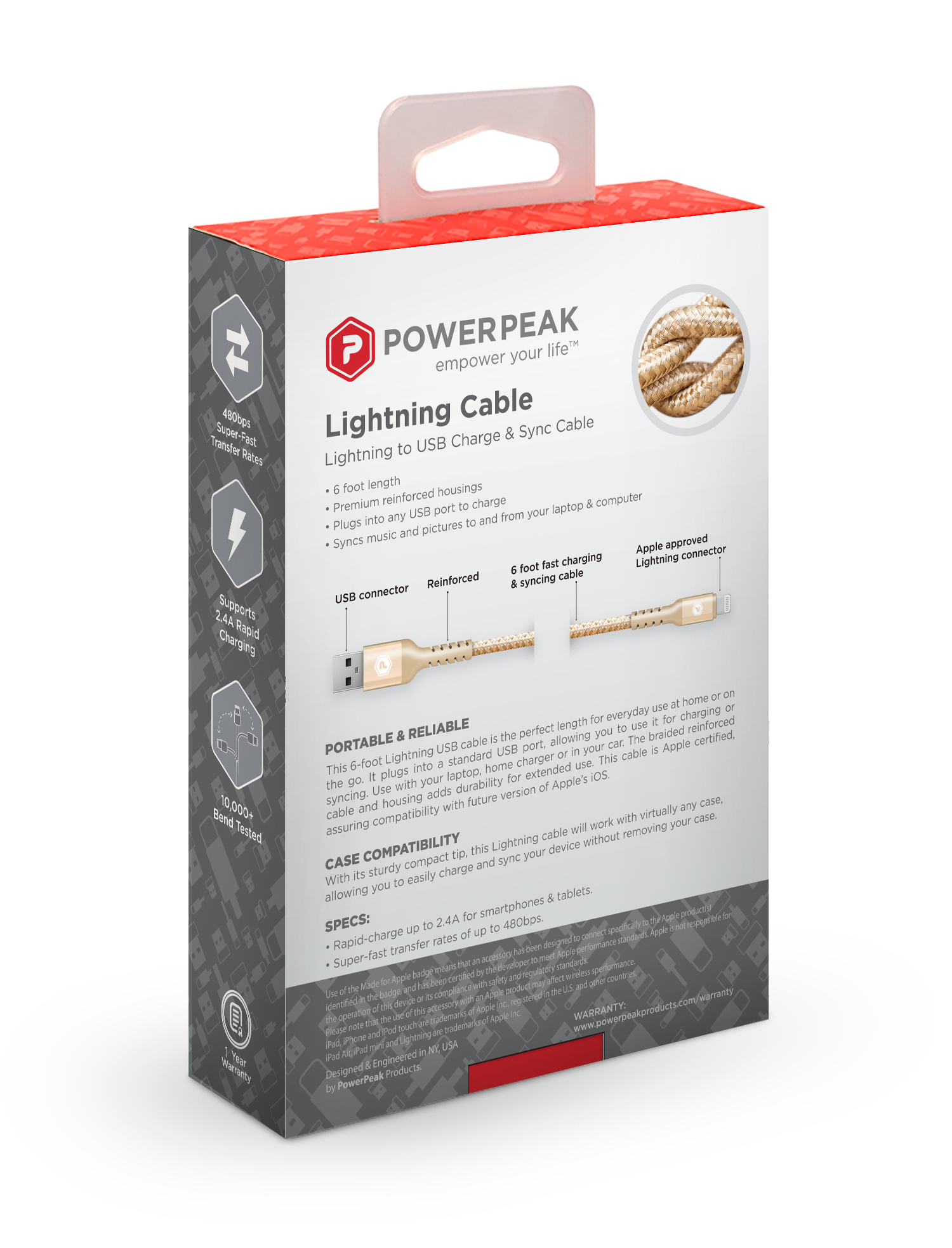 PowerPeak 6ft. Braided Nylon Metallic Lightning USB Charge & Sync Cable - Gold