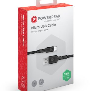 PowerPeak 10ft. Braided Nylon Metallic Micro USB Charge & Sync Cable - Black