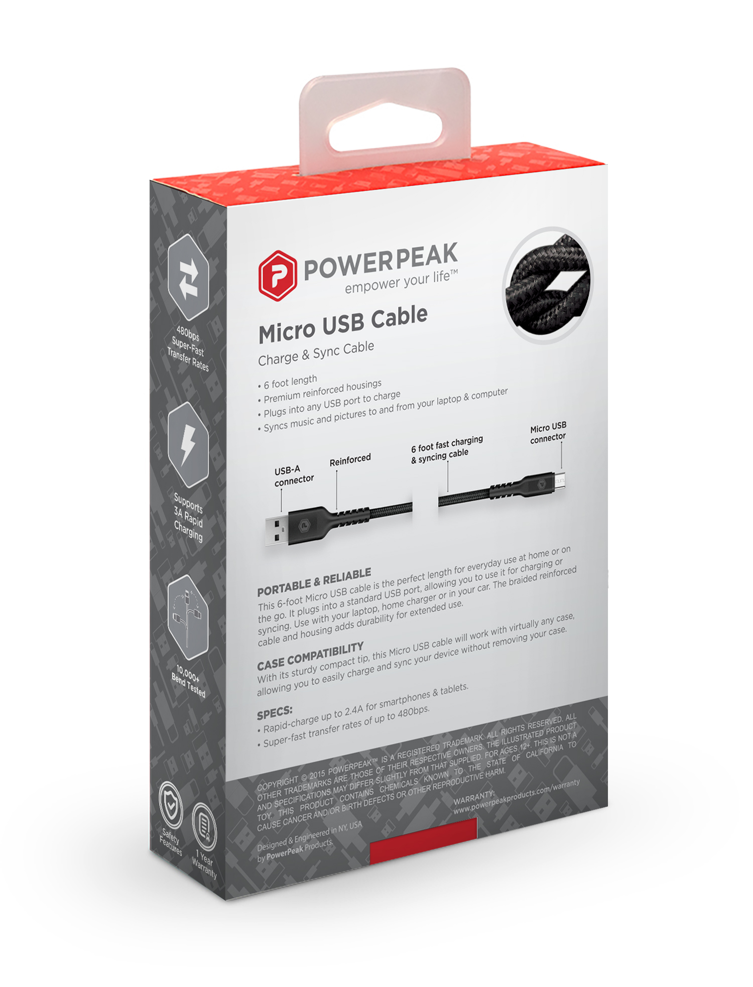 PowerPeak 6ft. Braided Nylon Metallic Micro USB Charging Cable - Black