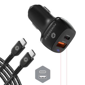 black dual port car charger USB-C to USB-C with 4ft sync cable