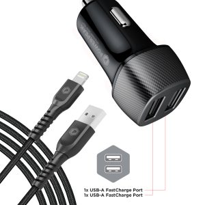Dual Port Car Charger with 4ft USB Lightning cable black