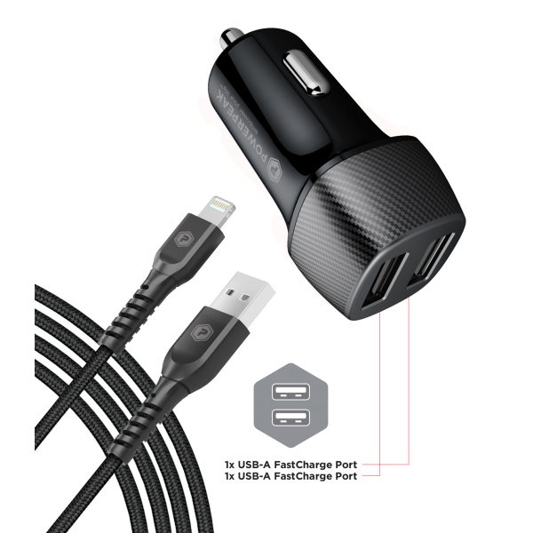 Dual Port Car Charger with 4ft USB Lightning cable black