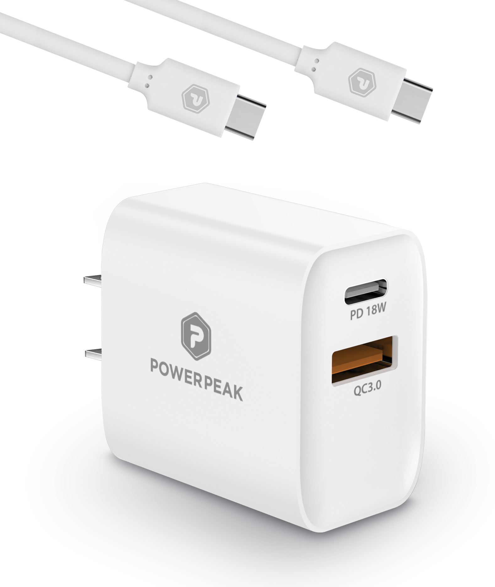 White Fast Charging Dual Port Wall Charger with USB-C to USB-C
