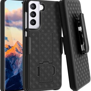 Two-piece slim black protective case with geometric designs with kickstand and strap holder for Samsung Galaxy S21 Plus cell phones