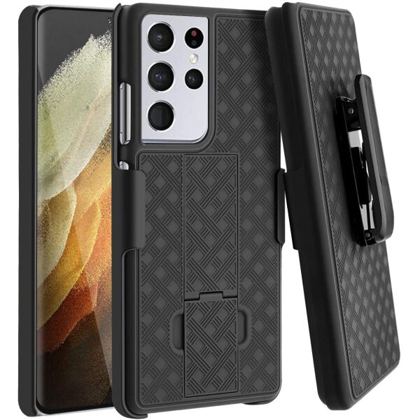 Two-piece slim black protective case with geometric designs with kickstand and strap holder for Samsung Galaxy S21 Ultra cell phones