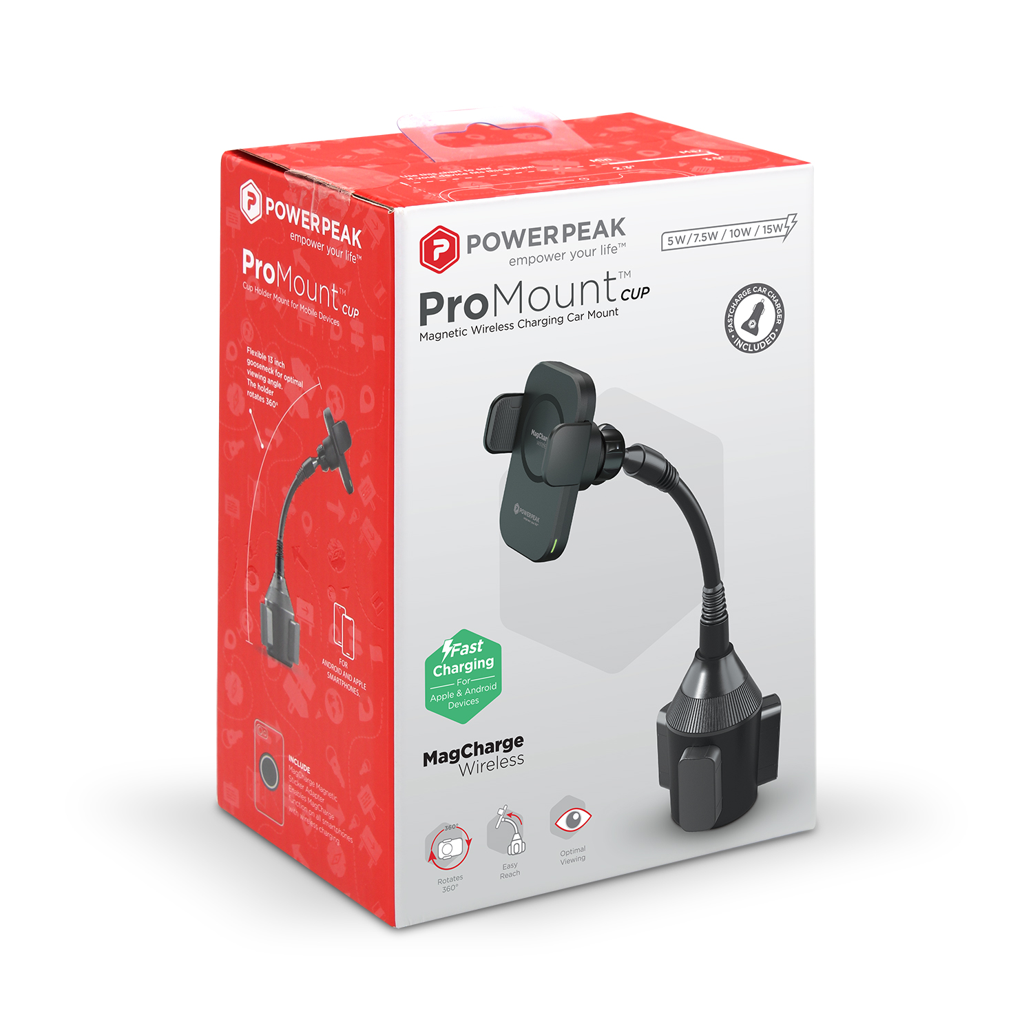 PowerPeak Wireless Car Cup Mount Holder with Magnetic Auto-Alignment