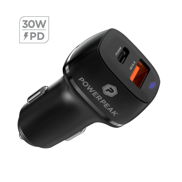 Black fast charging dual port type USB-C and USB-A car charger