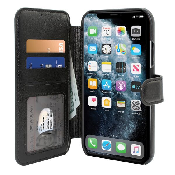 Black wallet protective case switched to a horizontal position for iPhone 13 cell phones