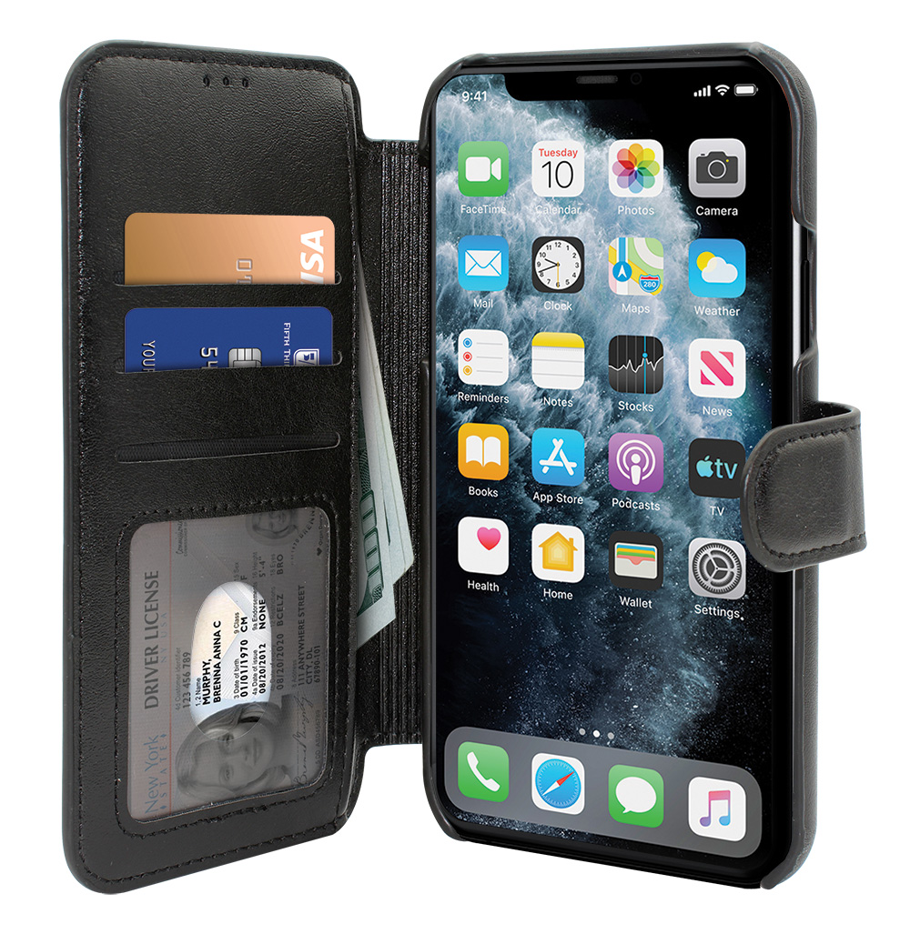 Black wallet protective case switched to a horizontal position for iPhone 13 cell phones