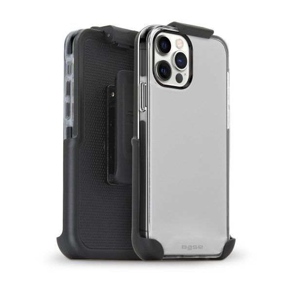Clear slim dual case with black edges and 180 degree strap holder for iPhone 12 / iPhone 12 Pro cell phones