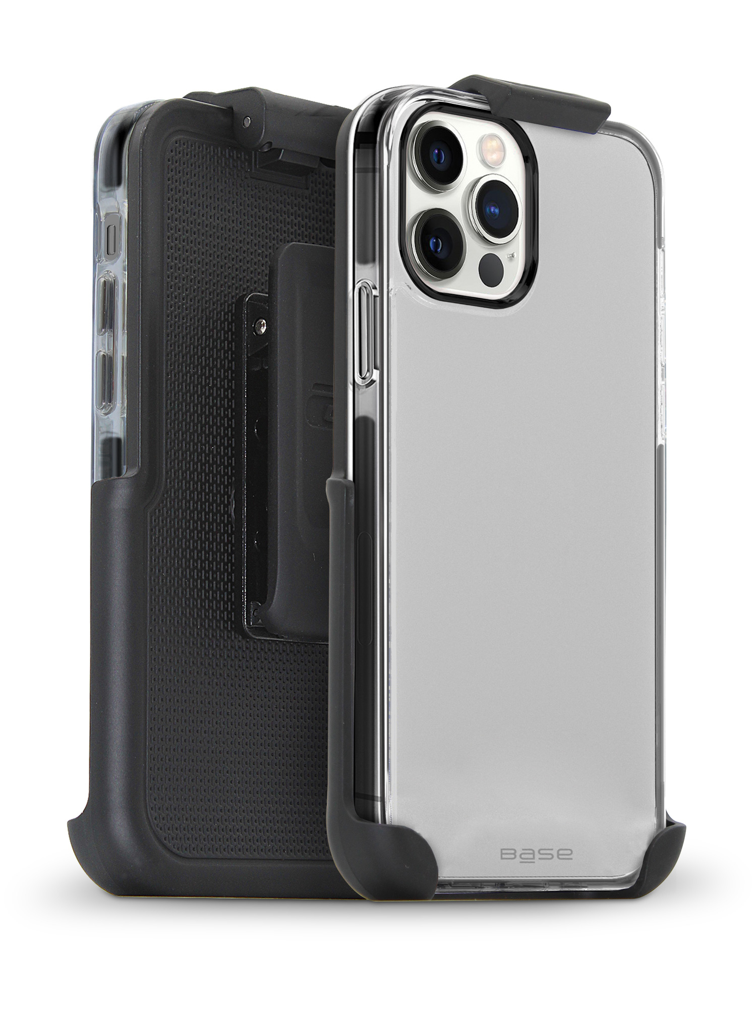 Clear slim dual case with black edges and 180 degree strap holder for iPhone 12 / iPhone 12 Pro cell phones