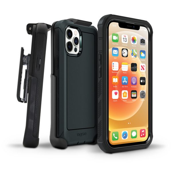 Two-piece boulder black protective case with strap holder for iPhone 13 Pro Max cell phone