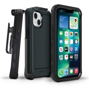 two-piece black case with strap holder for iPhone 13 cell phone