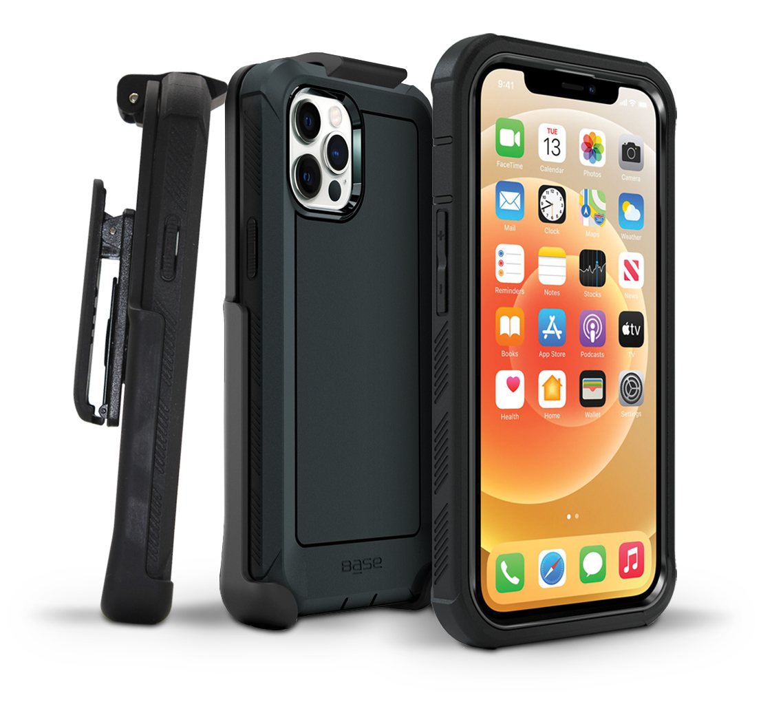 two-piece black boulder protective case with strap holder for iPhone 13 Pro cell phones