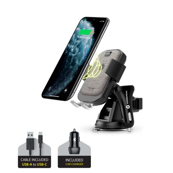 PowerPeak Wireless Fast Charging Auto Clamping Car Windshield Dashboard & Air Vent Phone Holder - Beige