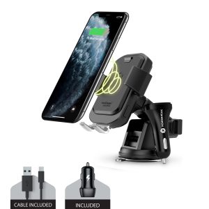 Black Windshield/Dashboard Wireless Charging Mount and Air Vent for Mobile Devices. Includes USB-A to USB-C cable and car charger
