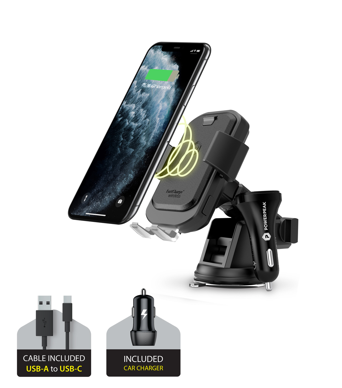 Black Windshield/Dashboard Wireless Charging Mount and Air Vent for Mobile Devices. Includes USB-A to USB-C cable and car charger