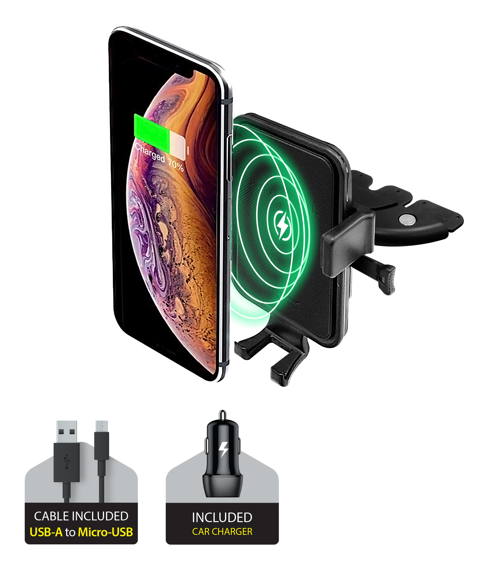 Black Wireless charging CD Slot Mount for Mobile Devices. Included car charger and cable USB-A to Micro-USB