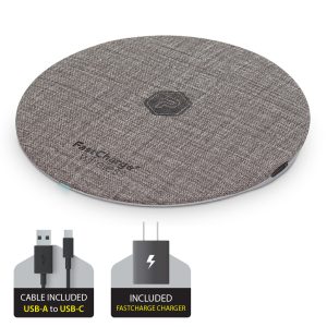 Gray Wireless Fast Charging Circle Pad for Qi-Compatible Devices with Black USB-A to USB-C Cable and fast Charger Adapter