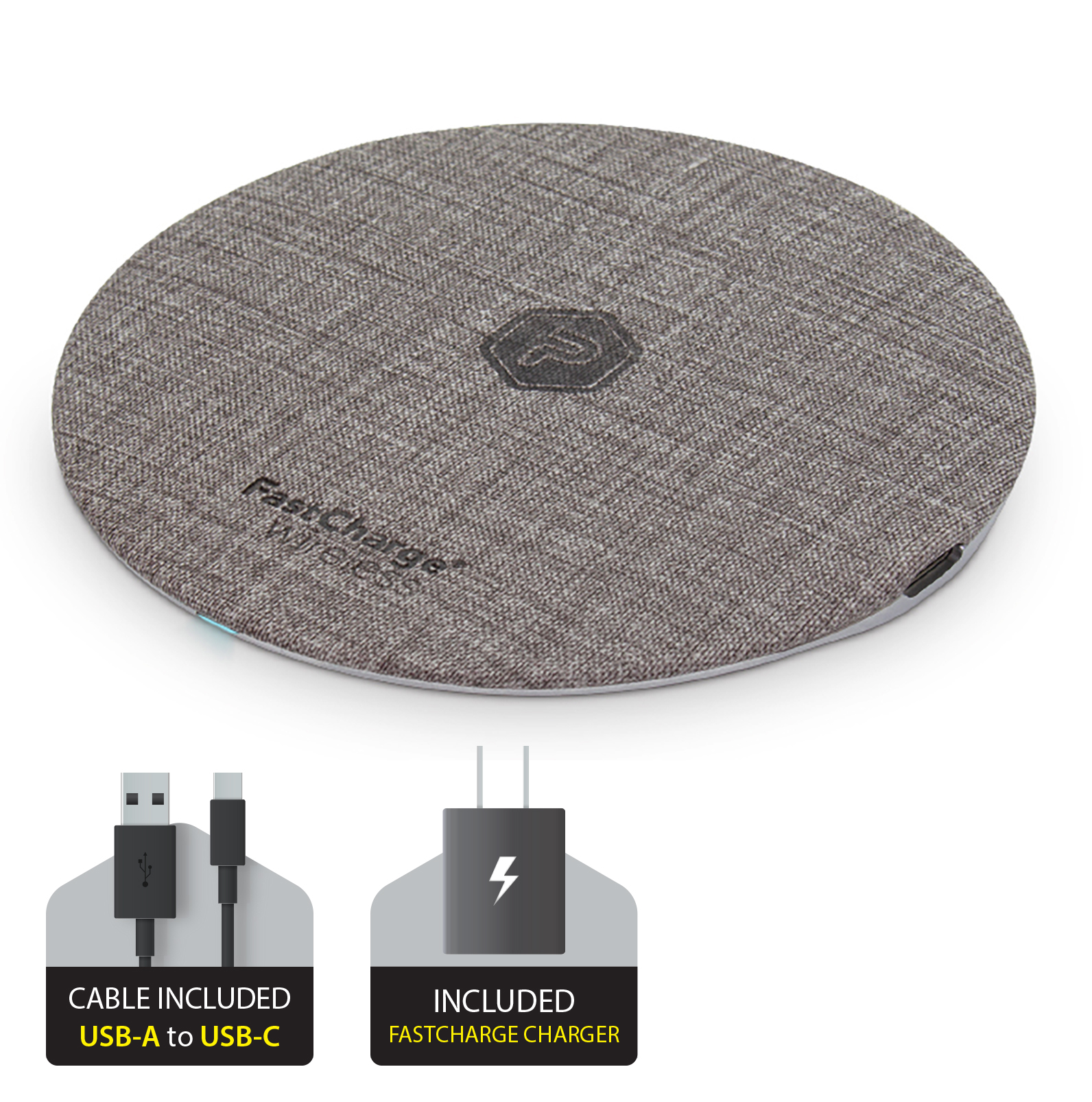 Gray Wireless Fast Charging Circle Pad for Qi-Compatible Devices with Black USB-A to USB-C Cable and fast Charger Adapter