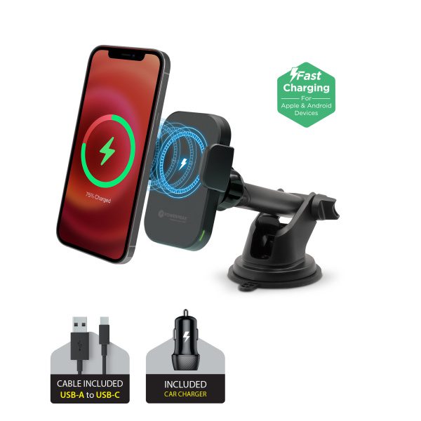 Black Magnetic Magcharge wireless charging Car Dash/Vent Mount Holder with Magnetic Auto-Alignment. Included car charger and cable USB-A to USB-C