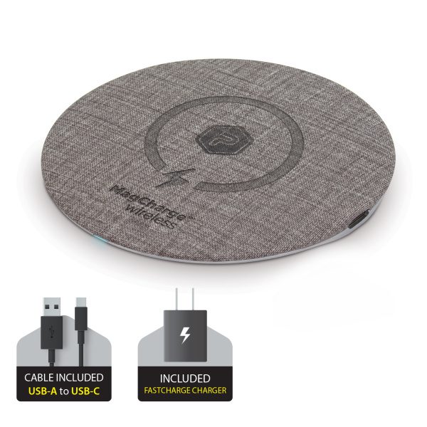 Gray MagCharge Wireless Fast Charging Circle Pad for Qi-Compatible Devices with Black USB-A to USB-C Cable and Fast Charger Adapter