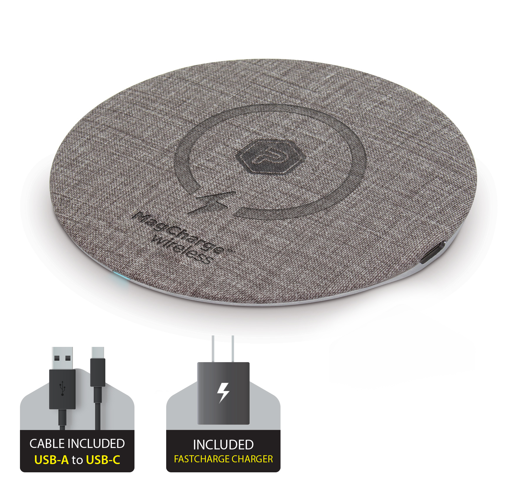 Gray MagCharge Wireless Fast Charging Circle Pad for Qi-Compatible Devices with Black USB-A to USB-C Cable and Fast Charger Adapter