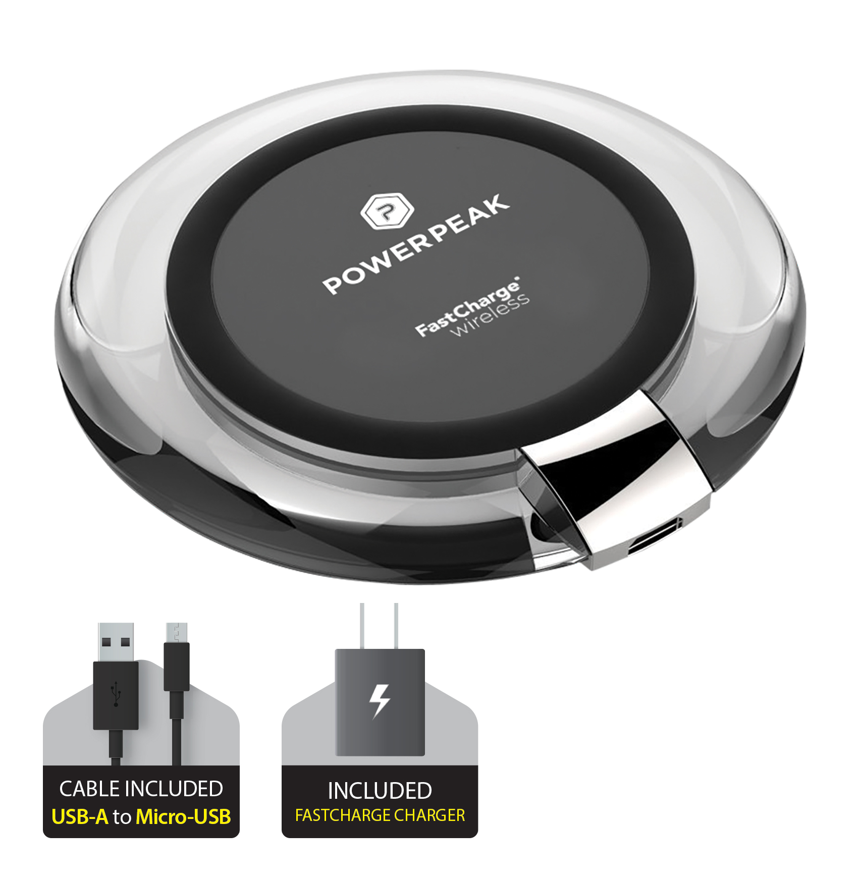 Aluminum Wireless Fast Charging Circle Pad for Qi-Compatible Devices with Black USB-A to Micro-USB cable and adapter