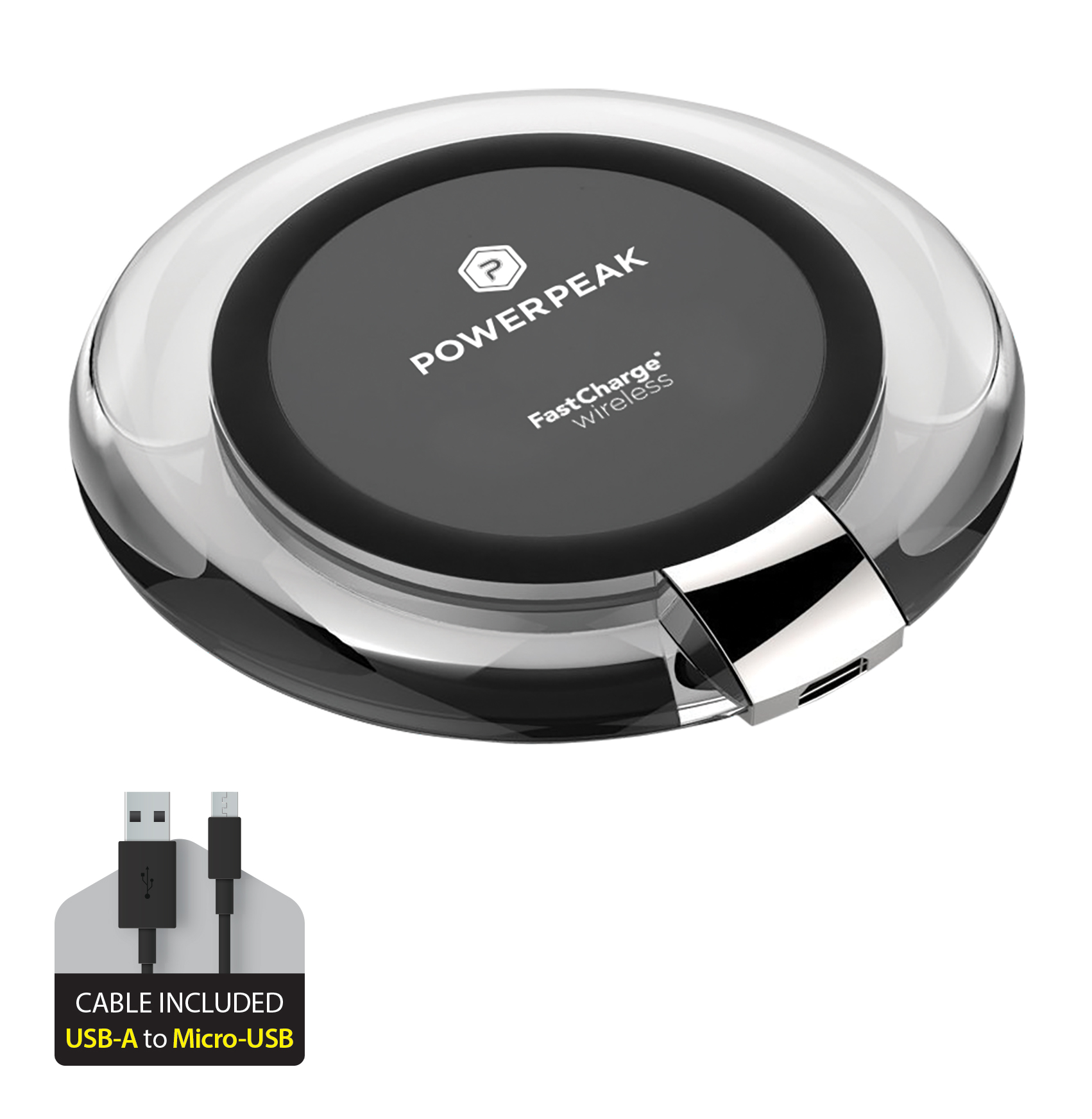 Aluminum Wireless Fast Charging Circle Pad for Qi-Compatible Devices with Black USB-A to Micro-USB cable