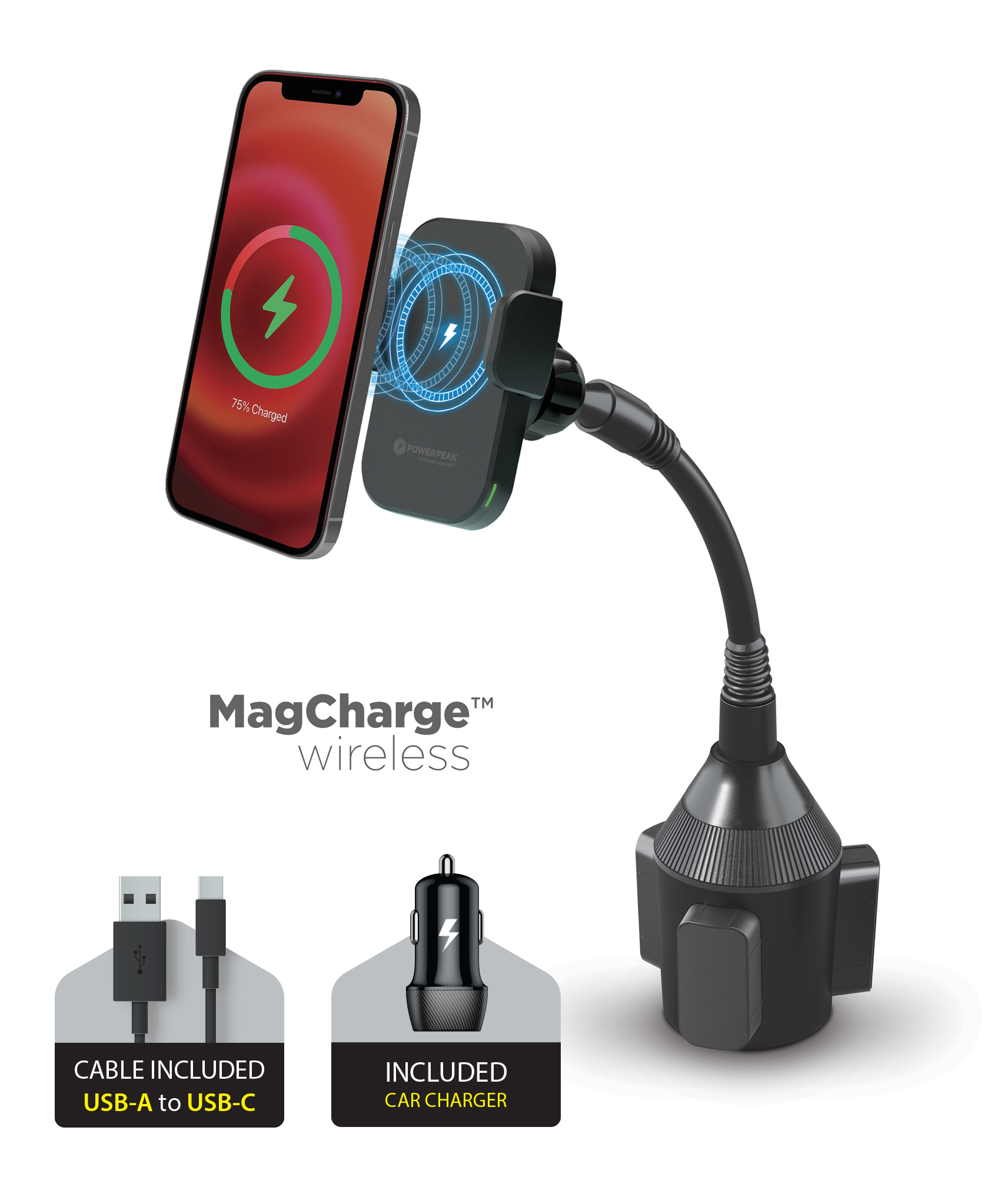 Black Magnetic Magcharge Car Cup Mount Holder with Magnetic Auto-Alignment. Included car charger and cable USB-A to USB-C