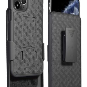 Black two-piece slim profile rubberized protective case with kickstand and strap holder for iPhone 12 / iPhone 12 Pro cell phones