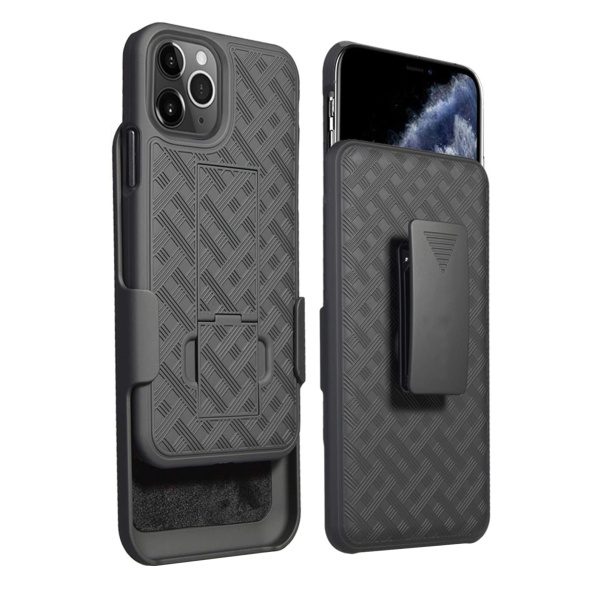 Black two-piece slim profile rubberized protective case with kickstand and strap holder for iPhone 12 / iPhone 12 Pro cell phones