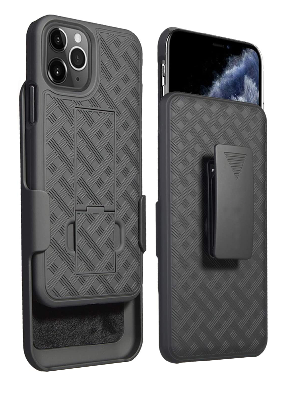 Black two-piece slim profile rubberized protective case with kickstand and strap holder for iPhone 12 Pro Max cell phones