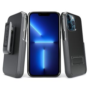 Black two-piece slim profile rubberized protective case with kickstand and strap holder for iPhone 13 Pro cell phones