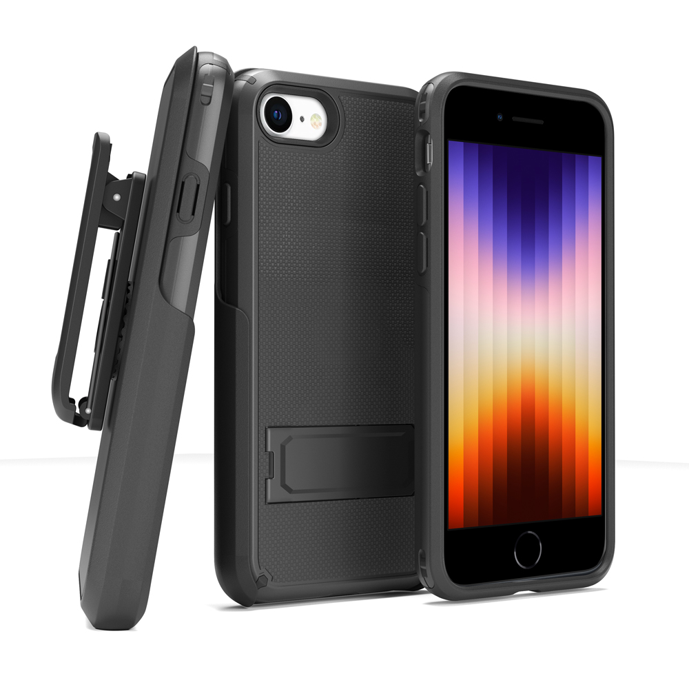 Black two-piece base with kickstand and strap holder for iPhone SE 2/3 cell phone